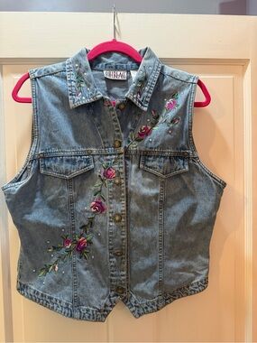 Vintage 90s Bill Blass Jeans Denim Vest Embroidered Roses Rhinestones Size Large